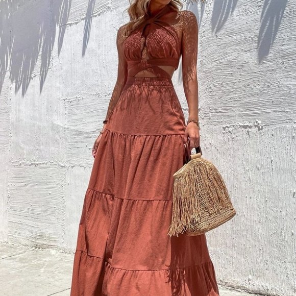 Burnt Orange Casual Womens Cut Out Crisscross Ruffle Hem Backless Halter Dress - Picture 2 of 5